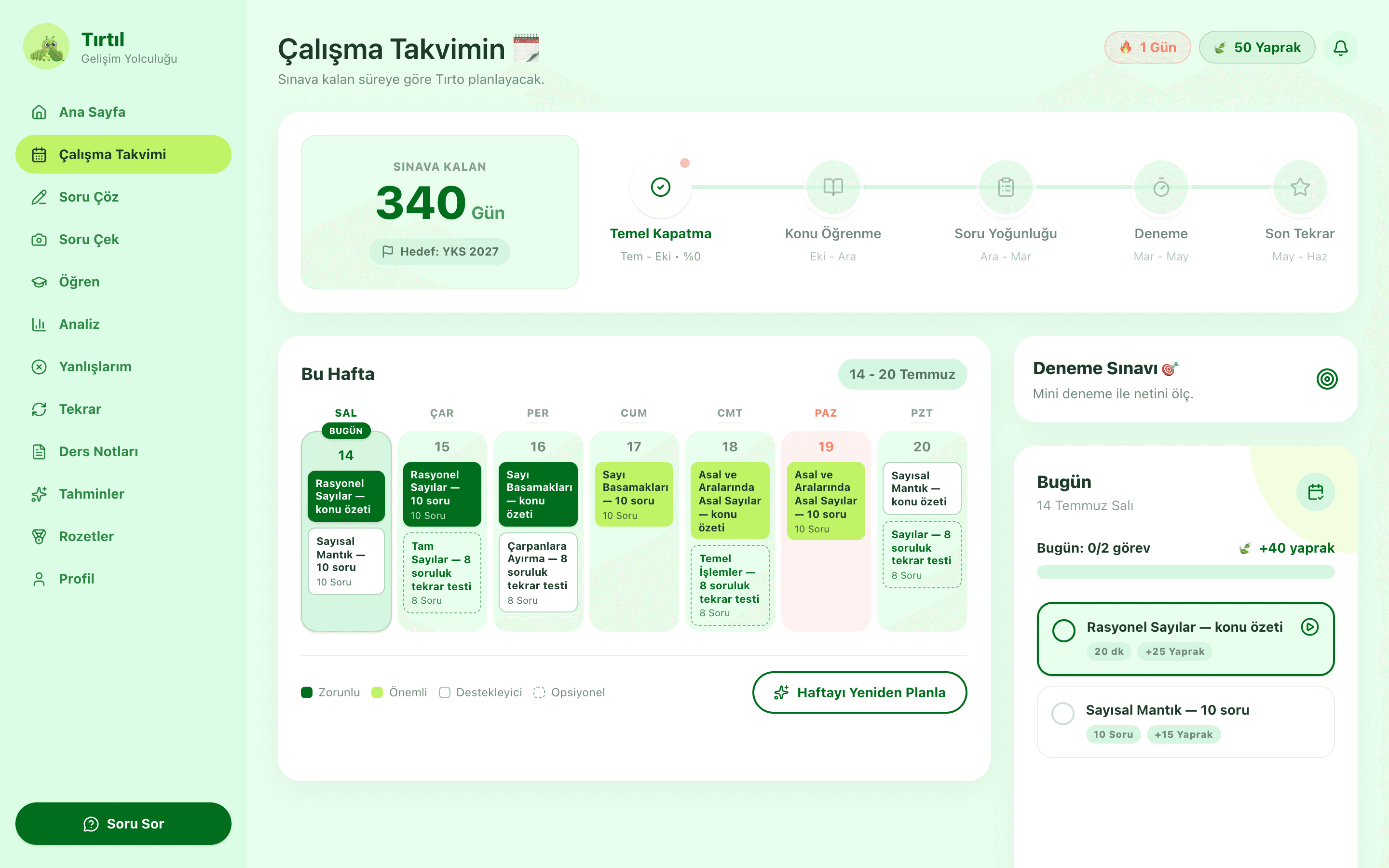 Kişisel çalışma takvimi — YKS geri sayımı ve haftalık plan