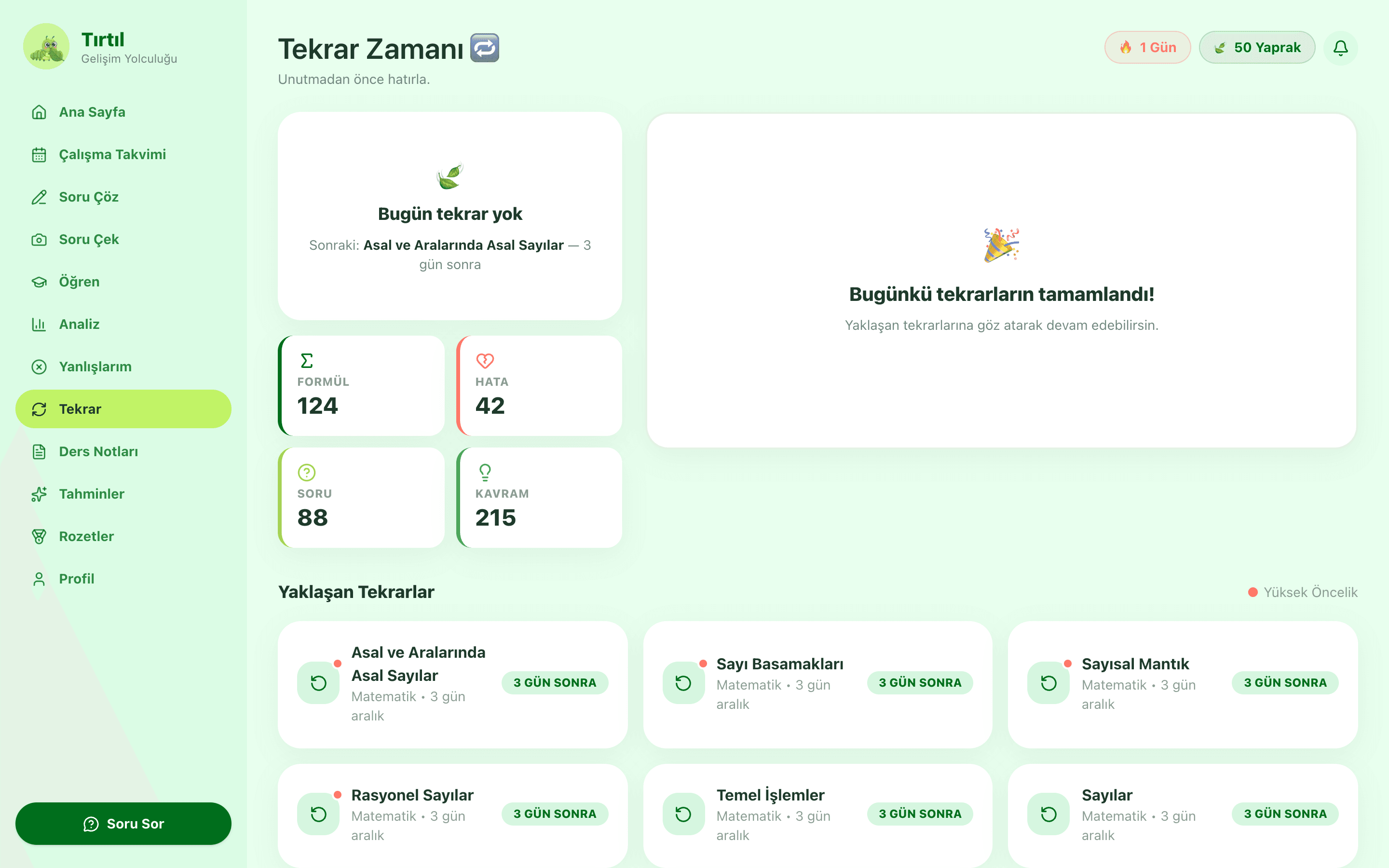 Aralıklı tekrar ekranı — 3-7-14-30 tekrar kuyruğu